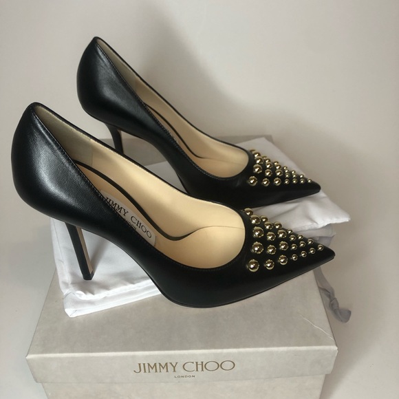 Jimmy Choo Love 100 Black Nappa Leather Heels w/Gold Degrade Round Studs size 37